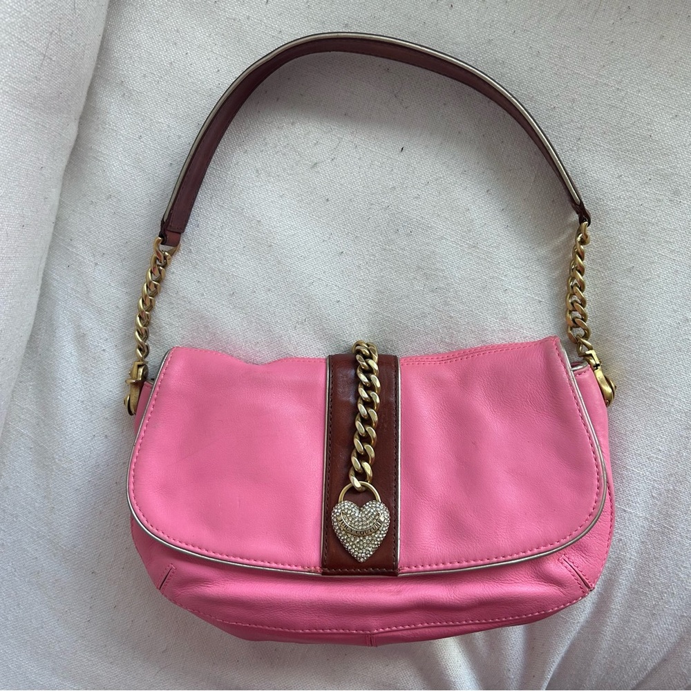 Y2K Juicy Couture Barbie Pink Leather Flap Shoulder Bag with Crystal Heart - Picture 3 of 11
